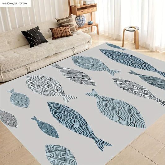 Modern Simple Fresh Geometry Elegant Green White Fish Shape Line Pattern Decoration Mat Carpet: Machine Washable and Non-slip