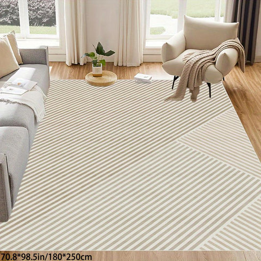 European Simple Geometric Lines Beige Washable Area Carpet: Non-slip and Absorbent